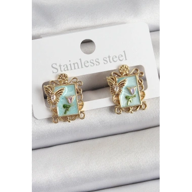 Pirinç Yeşil Mineli Sanatsal Portre Model Gold Renk Kadın Küpe