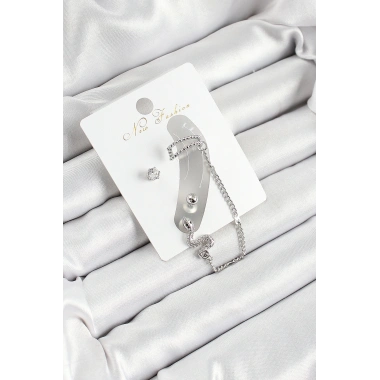 Pirinç Yılan Figürlü Zirkon Taşlı Gümüş Renk 3lü Kıkırdak Kadın Küpe Set