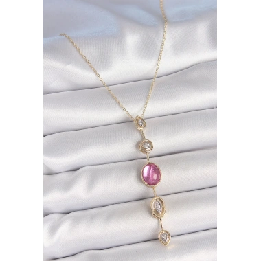 Pirinç Zincir Gold Renk Pembe Zirkon Taşlı Y Kolye