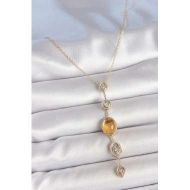Pirinç Zincir Kehribar Sarı Gold Renk  Zirkon Taşlı Y Kolye