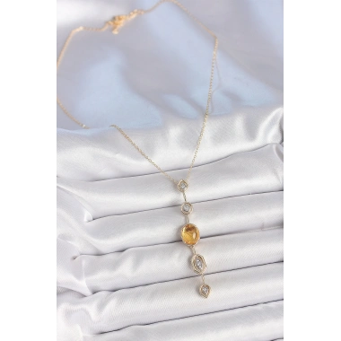 Pirinç Zincir Kehribar Sarı Gold Renk  Zirkon Taşlı Y Kolye