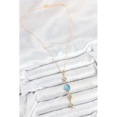 Pirinç Zincir Mavi Gold Renk Zirkon Taşlı Y Kolye