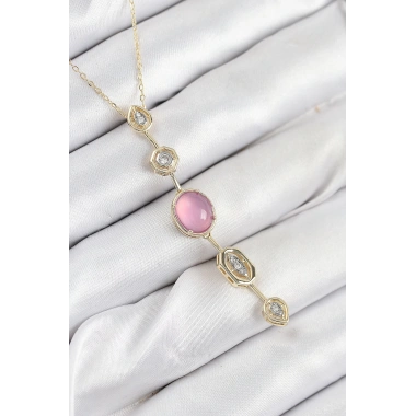 Pirinç Zincir Pembe Gold Renk Zirkon Taşlı Y Kolye