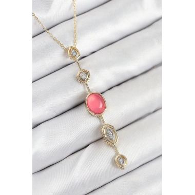 Pirinç Zincir Pembe Gold Renk Zirkon Taşlı Y Kolye