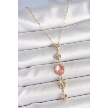 Pirinç Zincir Pembe Gold Renk Zirkon Taşlı Y Kolye