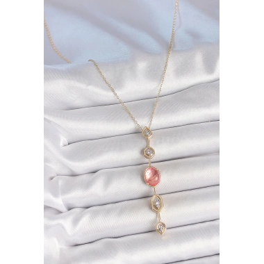 Pirinç Zincir Pembe Gold Renk Zirkon Taşlı Y Kolye