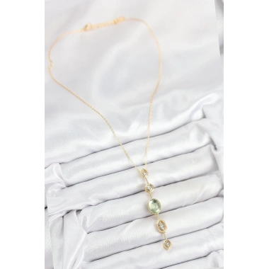 Pirinç Zincir Yeşil Gold Renk Zirkon Taşlı Y Kolye