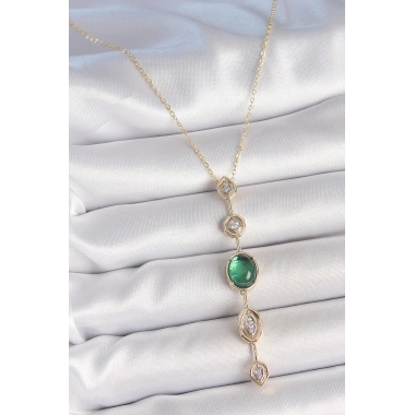 Pirinç Zincir Zümrüt Yeşil Gold Renk Zirkon Taşlı Y Kolye