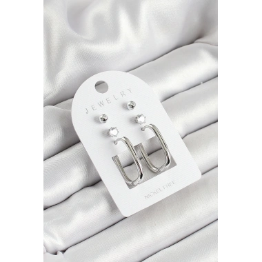 Pirinç Zirkon Taş Ve Dikdörtgen Figürlü Gümüş Renk 3lü Çift Kadın Küpe Set