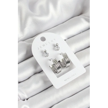Pirinç Zirkon Taş Ve Halka Figürlü Gümüş Renk 3lü Çift Kadın Küpe Set