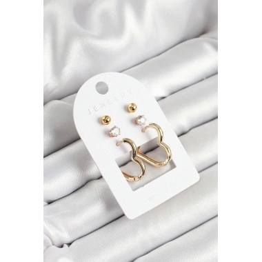 Pirinç Zirkon Taş Ve Kalp Figürlü Gold Renk 3lü Çift Kadın Küpe Set