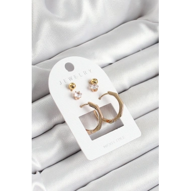 Pirinç Zirkon Taş Ve Kemik Halka Figürlü Gold Renk 3lü Çift Kadın Küpe Set