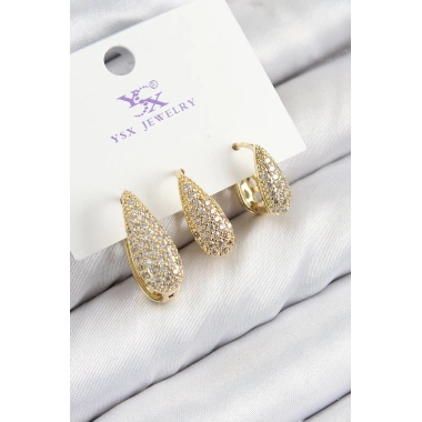 Pirinç Zirkon Taşlı 3lü Damla Model Gold Renk Kadın Küpe
