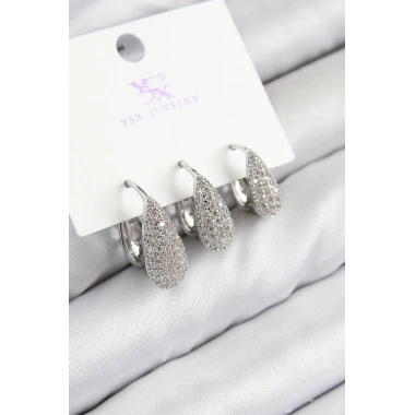 Pirinç Zirkon Taşlı 3lü Damla Model Gümüş Renk Kadın Küpe