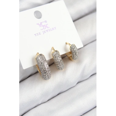 Pirinç Zirkon Taşlı 3lü Halka Model Gold Ve Gümüş Renk Kadın Küpe