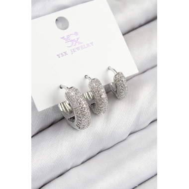 Pirinç Zirkon Taşlı 3lü Halka Model Gümüş Renk Kadın Küpe