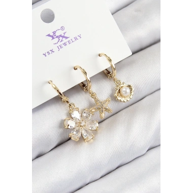 Pirinç Zirkon Taşlı 3lü İstiridye Ve Çiçek Model Gold Renk Kadın Küpe
