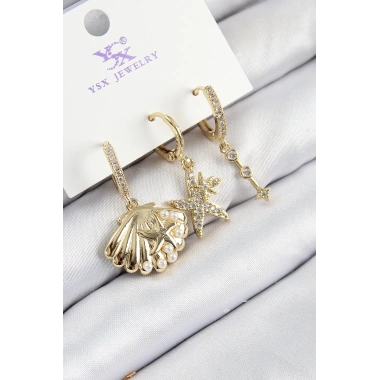 Pirinç Zirkon Taşlı 3lü İstiridye Ve Yıldız Model Gold Renk Kadın Küpe