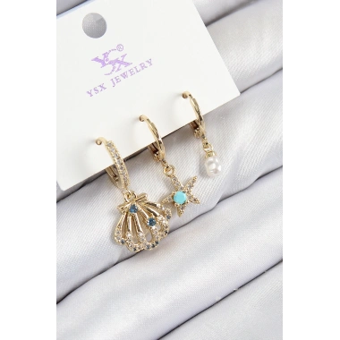Pirinç Zirkon Taşlı 3lü İstiridye Ve Yıldız Model Gold Renk Kadın Küpe