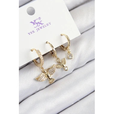 Pirinç Zirkon Taşlı 3lü Kuş Model Gold Renk Kadın Küpe