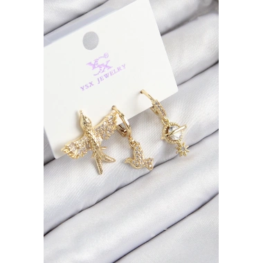 Pirinç Zirkon Taşlı 3lü Kuş Model Gold Renk Kadın Küpe