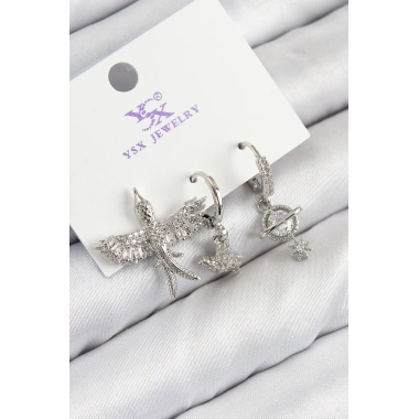 Pirinç Zirkon Taşlı 3lü Kuş Model Gümüş Renk Kadın Küpe