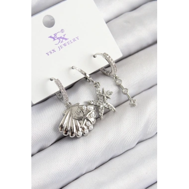 Pirinç Zirkon Taşlı 3lü Yıldız Ve İstiridye Model Gümüş Renk Kadın Küpe