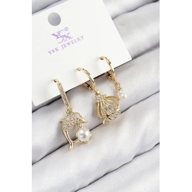 Pirinç Zirkon Taşlı 3lü Yunus Balığı Ve İstiridye Model Gold Renk Kadın Küpe