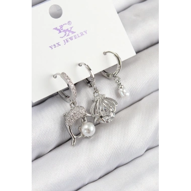 Pirinç Zirkon Taşlı 3lü Yunus Balığı Ve İstiridye Model Gümüş Renk Kadın Küpe