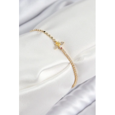 Pirinç Zirkon Taşlı Arı Model Ezme Zincir Gold Renk Kadın Bileklik