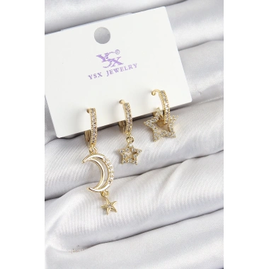 Pirinç Zİrkon Taşlı Ay Ve Hilal Model Gold Renk 3lü Kadın Küpe
