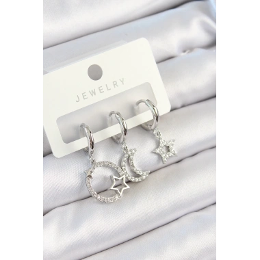 Pirinç Zirkon Taşlı Ay Ve Yıldız Model Gümüş Renk 3lü Çift Kadın Küpe Set