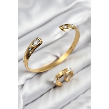 Pirinç Zirkon Taşlı Ayrık Model Gold Renk Bileklik Yüzük Set