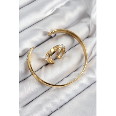 Pirinç Zirkon Taşlı Ayrık Model Gold Renk Bileklik Yüzük Set