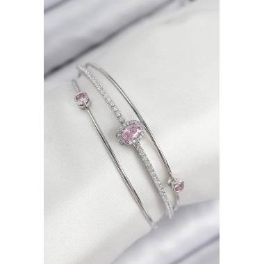 Pirinç Zirkon Taşlı Baget Model Gümüş Renk Kadın Bileklik