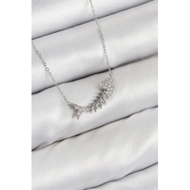 Pirinç Zirkon Taşlı Balık Kılçığı Model Gümüş Renk Kadın Kolye