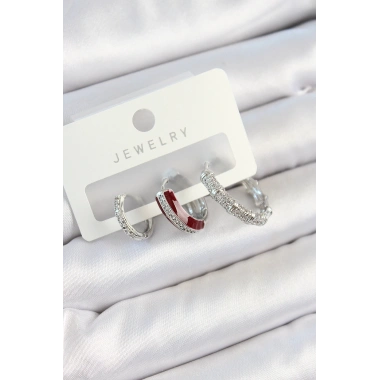 Pirinç Zirkon Taşlı Bordo Pembe Halka Model Gümüş Renk 3lü Çift Kadın Küpe Set