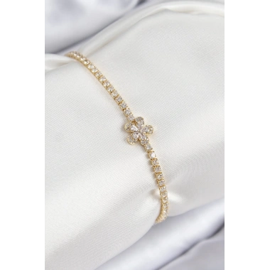 Pirinç Zirkon Taşlı Çiçek Model Gold Renk Kadın Bileklik