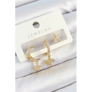 Pirinç Zirkon Taşlı Çiçek Ve Ay Model Gold Renk 3lü Çift Kadın Küpe Set