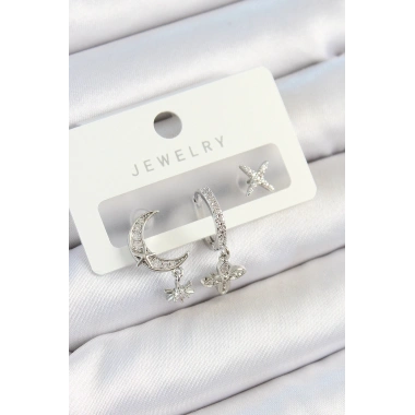 Pirinç Zirkon Taşlı Çiçek Ve Ay Model Gümüş Renk 3lü Çift Kadın Küpe Set