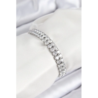 Pirinç Zirkon Taşlı Çift Sıra Kare Model Gümüş Renk Asansörlü Kadın Bileklik