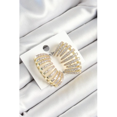 Pirinç Zirkon Taşlı Çoklu Görünümlü Model Gold Renk Kadın Küpe