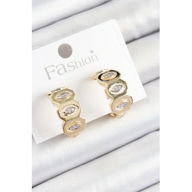 Pirinç Zirkon Taşlı Damla Figürlü Halka Model Gold Renk Kadın Küpe