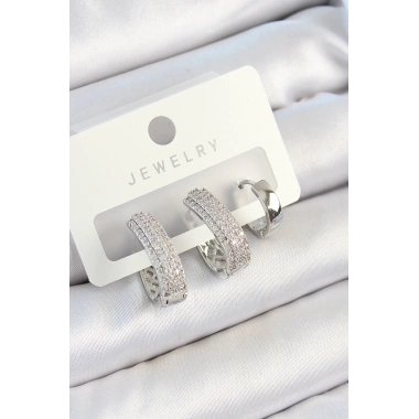 Pirinç Zirkon Taşlı Damla Model Gümüş Renk 3lü Çift Kadın Küpe Set