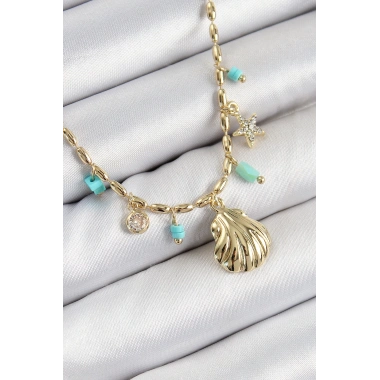 Pirinç Zirkon Taşlı Deniz Kabuğu Model Gold Renk Kadın Kolye