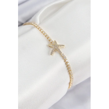 Pirinç Zirkon Taşlı Deniz Yıldızı Model Gold Renk Kadın Bileklik