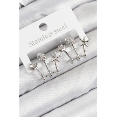 Pirinç Zirkon Taşlı Deniz Yıldızı ve İstiridye Model Gümüş Renk Kadın Küpe