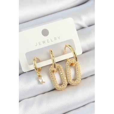 Pirinç Zirkon Taşlı Dikdörtgen Model Gold Renk 3lü Çift Kadın Küpe Set