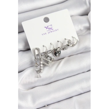 Pirinç Zİrkon Taşlı Dikdörtgen Model Gümüş Renk 3lü Çift Kadın Küpe