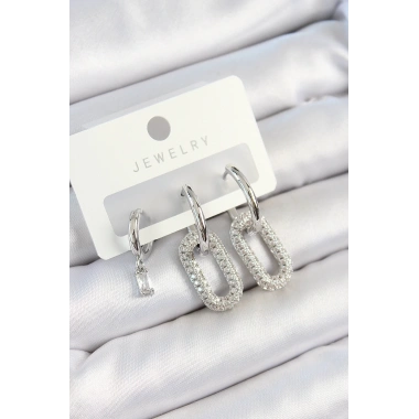 Pirinç Zirkon Taşlı Dikdörtgen Model Gümüş Renk 3lü Çift Kadın Küpe Set